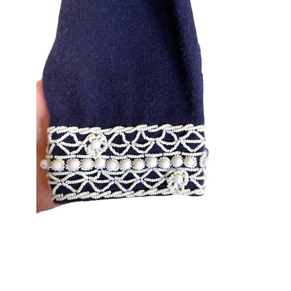 Vtg Elsie Tu Hong Kong 50s 60s Navy Blue Wool Beaded Cardigan Sweater Sz 38 - Picture 4 of 13